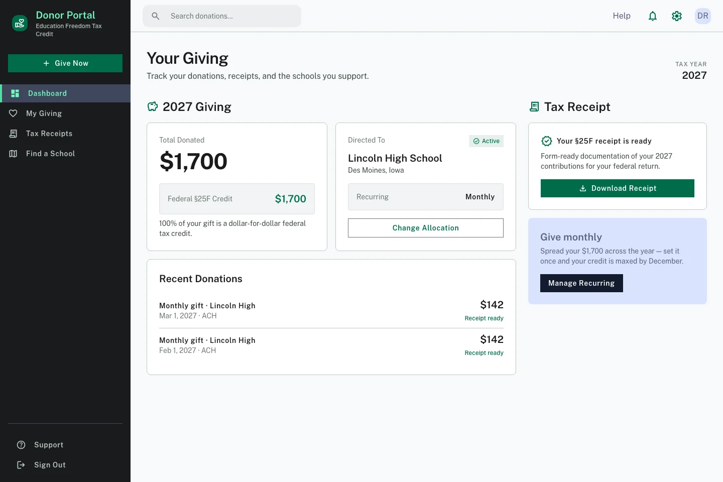 SGO Software Donor portal, sample data