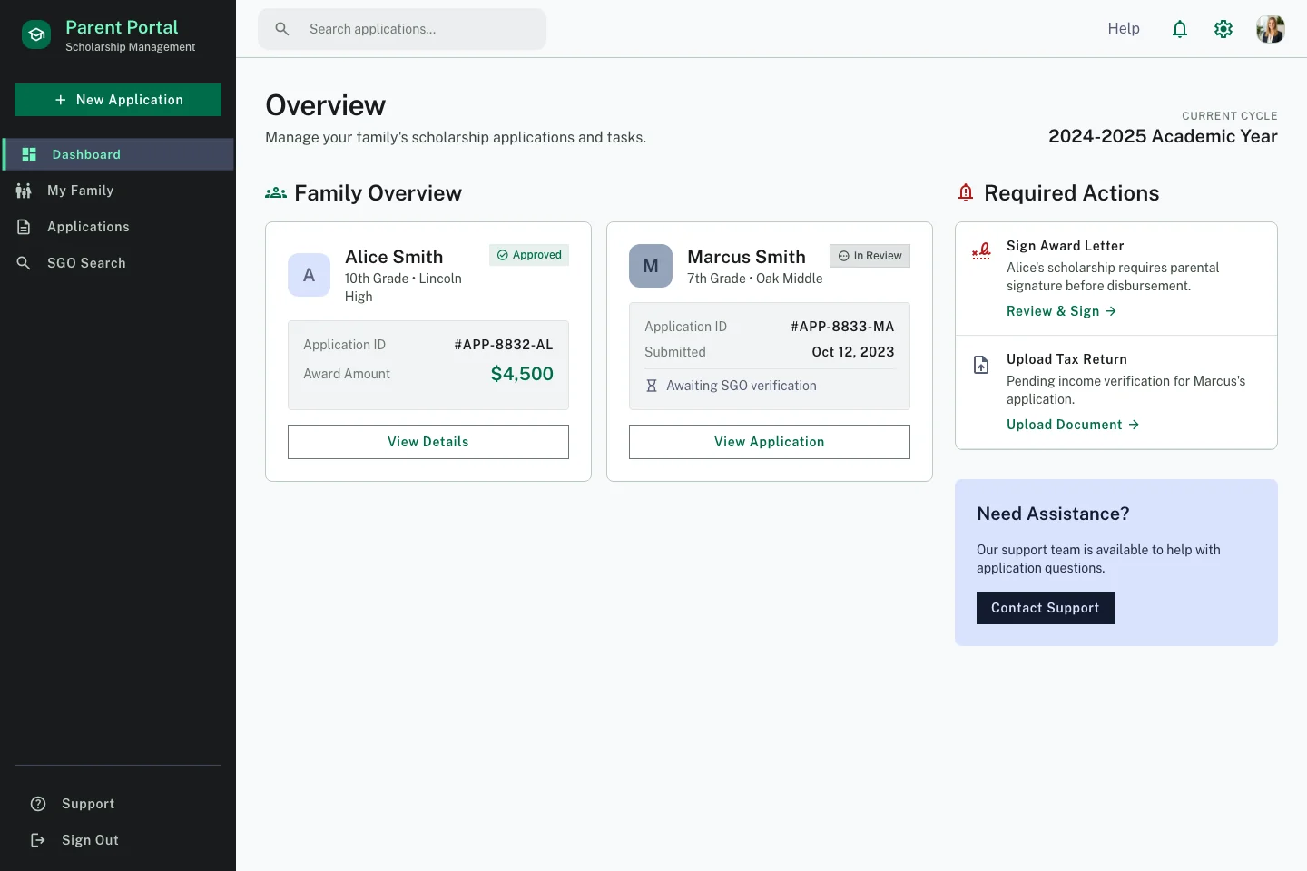SGO Software Family portal, sample data